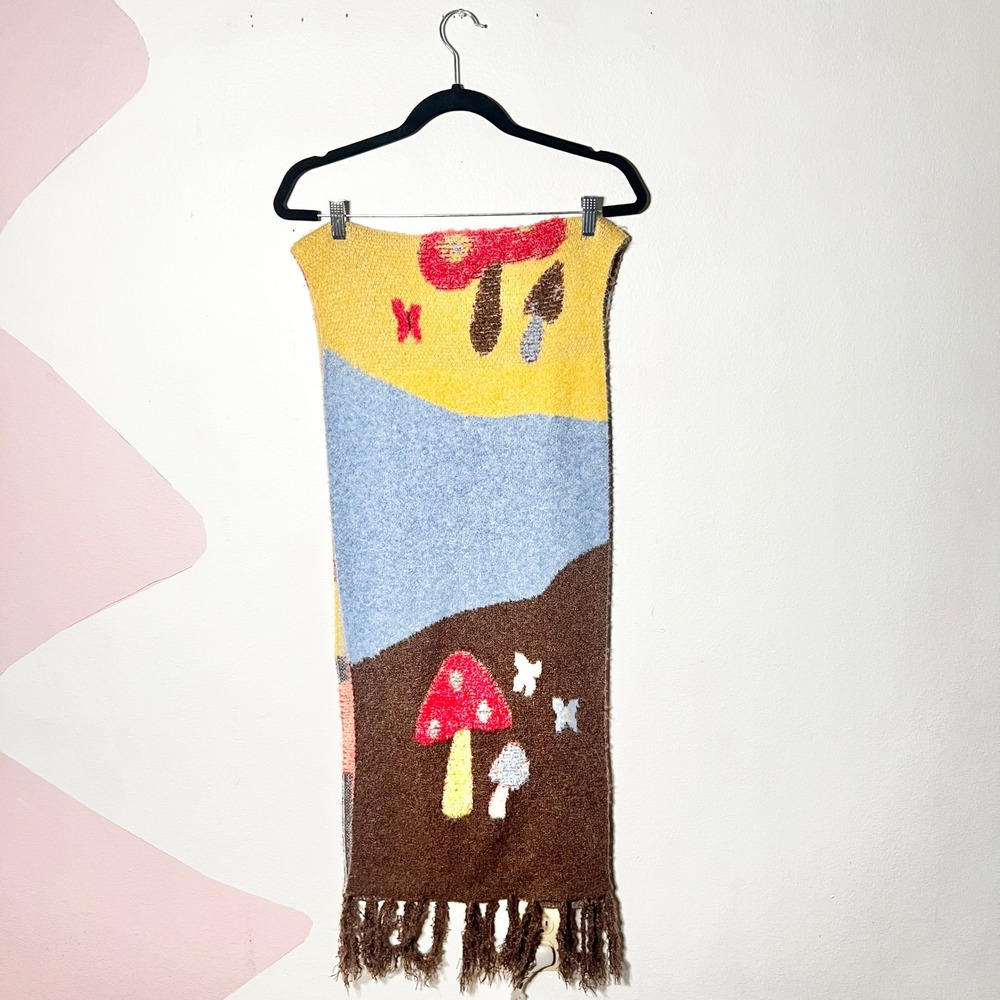 Mushroom Butterfly Scarf Knit Fringe Cottagecore Whimsical Colorblock Fairy